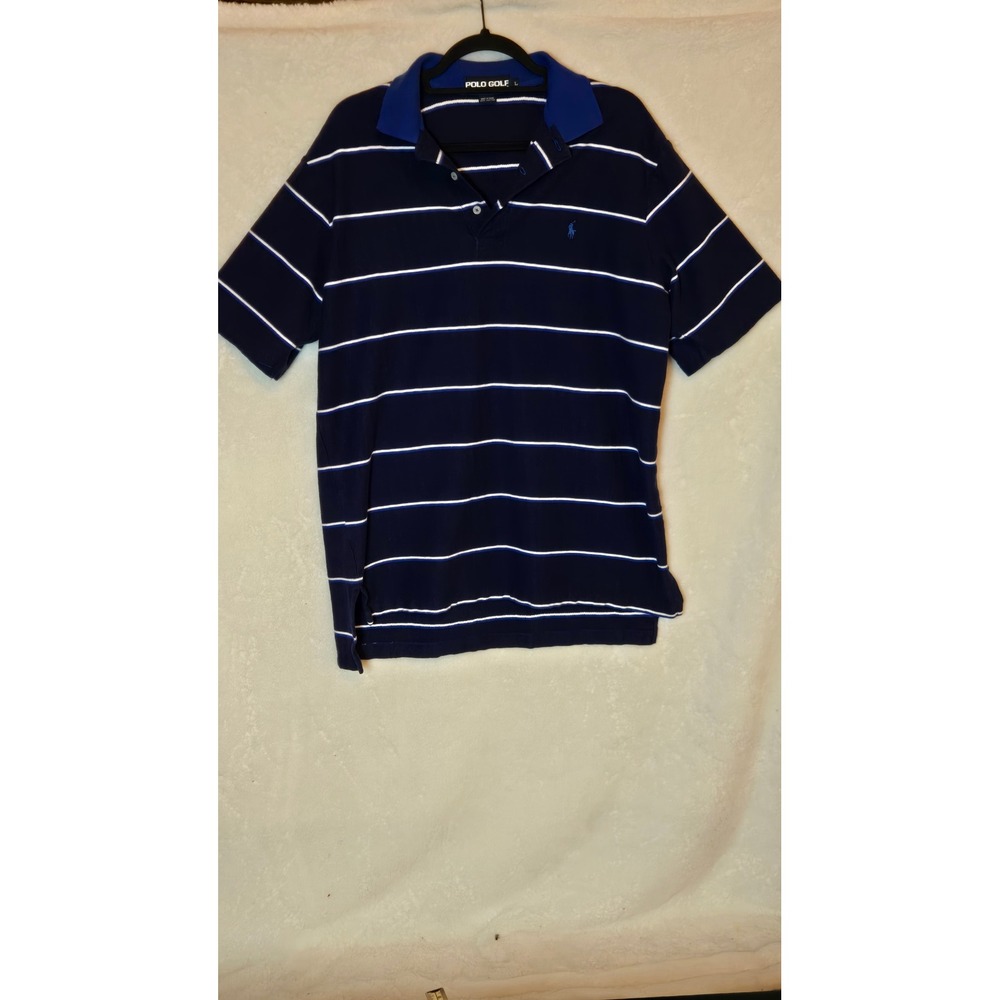 Polo Golf Ralph Lauren Mens Large Navy Blue Striped Short Sleeve Polo Shirt